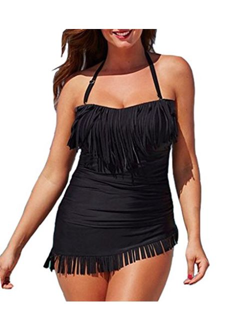 Eternatastic Women's Halter Top Tankini Fringe Swimwear Tassel Swimsuit Plus Size