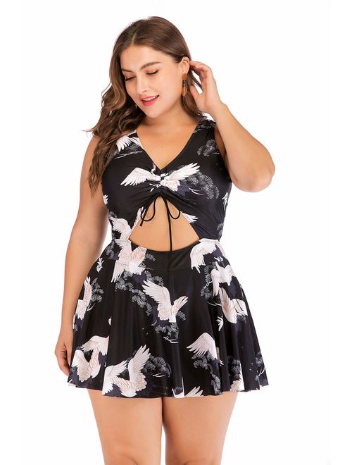 ESPRLIA Plus Size Floral Prinit Halter Swimwear One Piece Pin up Tankini Swimwear