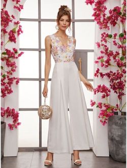 Floral Lace Bodice Wide Leg Sleeveless Jumpsuit