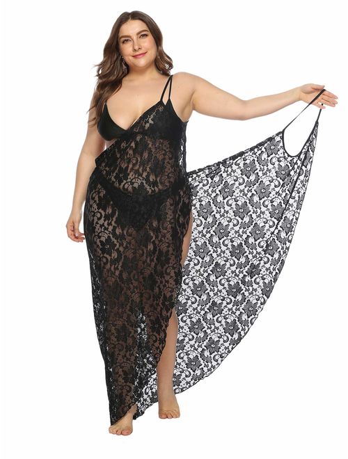 Milumia Womens Plus Size Lace Floral Spaghetti Strap Wrap Cover Up Swimwear Kimono
