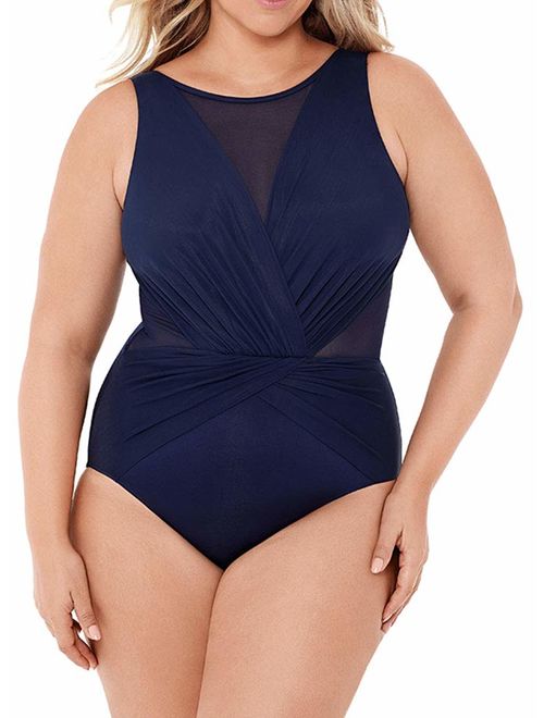 Miraclesuit Women's Swimwear Plus Size Illusionist Palma Tummy Control Soft Cup High Neckline One Piece Swimsuit