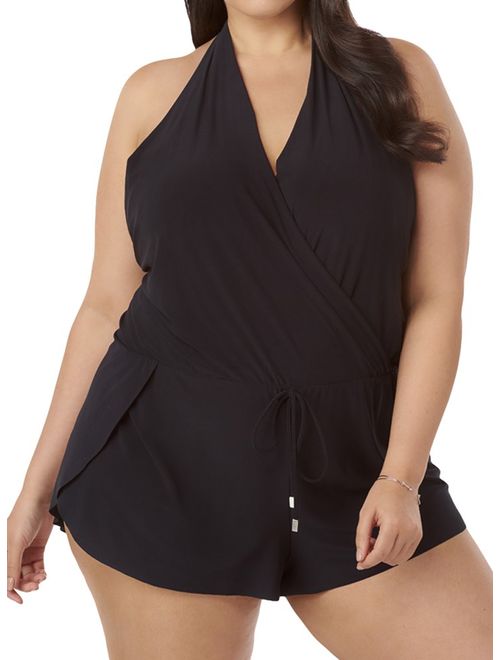 Magicsuit Women's Swimwear Plus Solid Bianca V-Neck Flowy One Piece Romper Style Swimsuit with Soft Cup Bra and Halter Straps