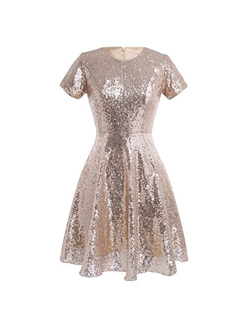 YiZYiF Women Sequined Cocktail Party Short Sleeve Bridesmaid A Line Skater Dress