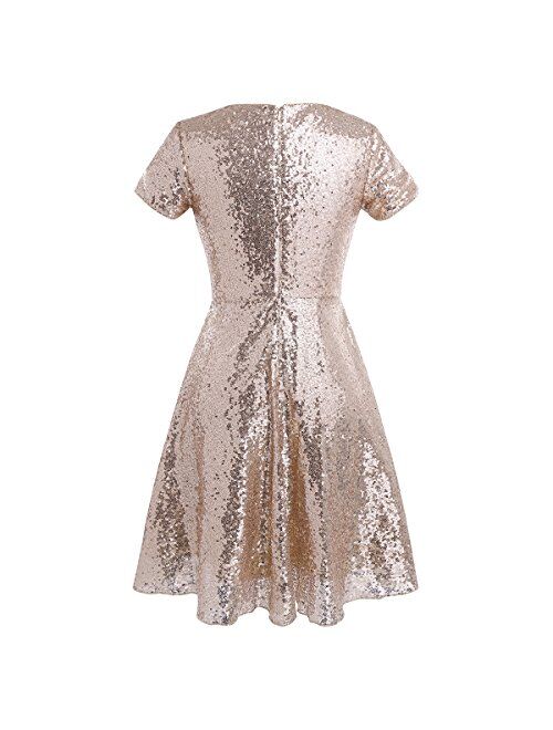 YiZYiF Women Sequined Cocktail Party Short Sleeve Bridesmaid A Line Skater Dress
