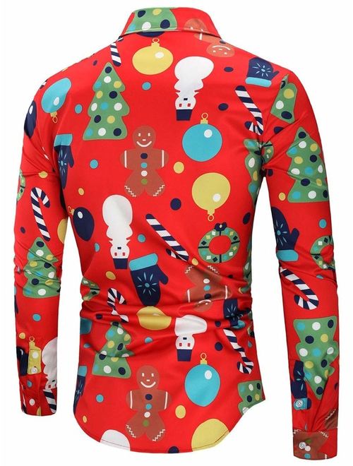 LeaLac Men's Slim Fit Long Sleeve Printed Christmas Shirt Button Down Casua Party Holiday Dress Shirts