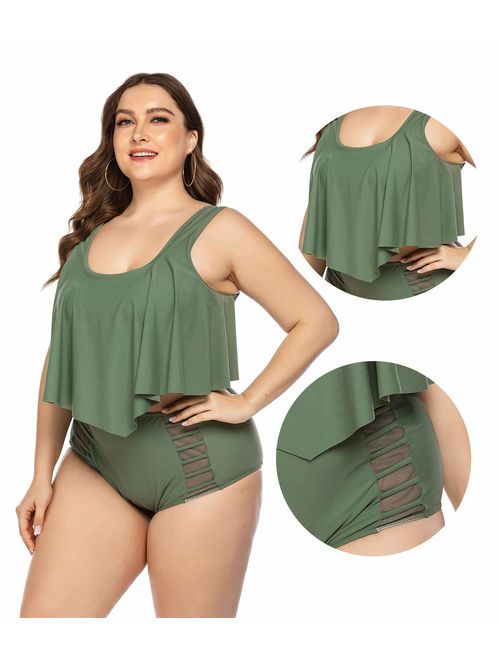 Women's Plus Size Ruffles Swimsuits 2 Piece Bathing Suits High Waisted Bottom Bikini Set Ruffled Flounce Top