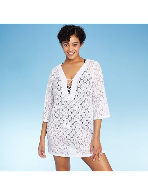 Women's Scalloped Mesh Lace-Up Cover Up Dress - Kona Sol White