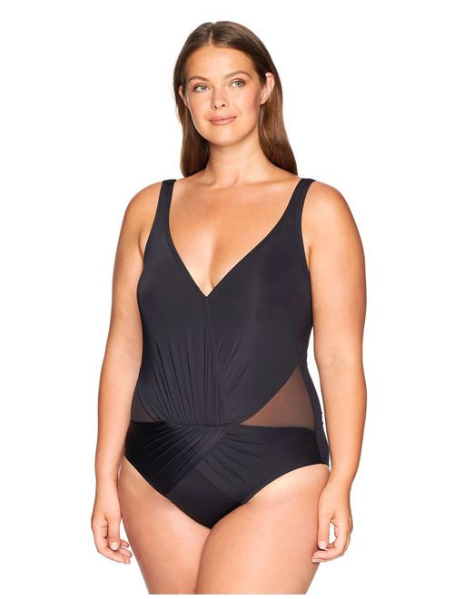 Kenneth Cole REACTION Women's Plus-Size Tummy Control Shirred V-Neck One Piece Swimsuit