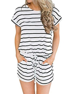 Hount Women's Summer Short Sleeve Romper Casual Loose Stirped Short Rompers Jumpsuits with Pockets
