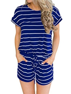 Hount Women's Summer Short Sleeve Romper Casual Loose Stirped Short Rompers Jumpsuits with Pockets