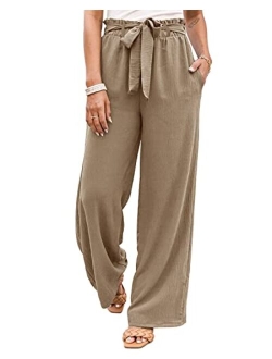 SySea Womens High Waisted Leopard Print Palazzo Pants Belted Wide Leg Long Trousers with Pockets