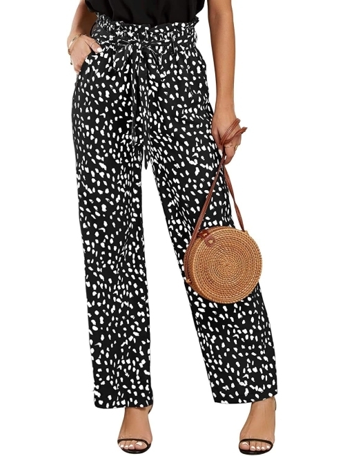 SySea Womens High Waisted Leopard Print Palazzo Pants Belted Wide Leg Long Trousers with Pockets 
