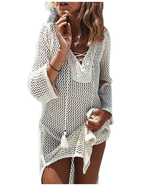 NFASHIONSO Women's Fashion Swimwear Crochet Tunic Cover Up/Beach Dress