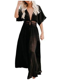 FANCYINN Womens Long Lace Cover up Sheer Bikini Coverups Kimono Tie Front Bathing Suit Swimsuit Beachwear