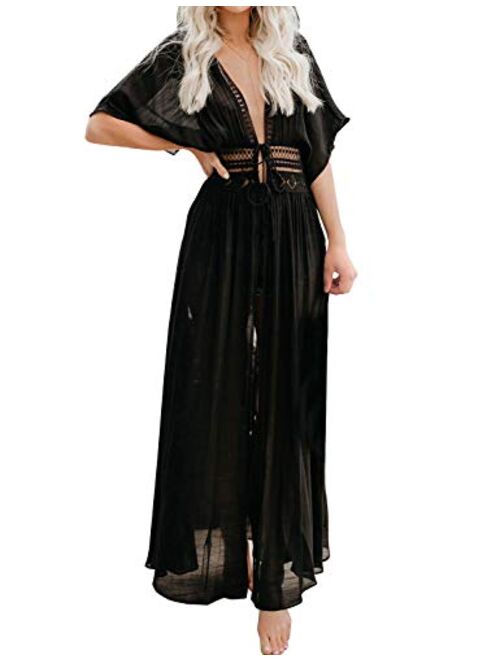 FANCYINN Womens Long Lace Cover up Sheer Bikini Coverups Kimono Tie Front Bathing Suit Swimsuit Beachwear