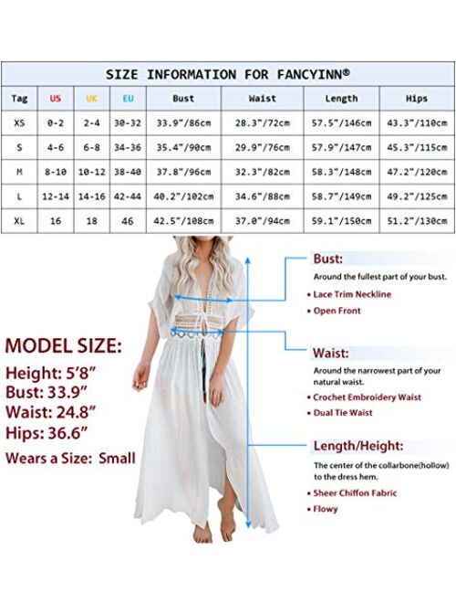 FANCYINN Womens Long Lace Cover up Sheer Bikini Coverups Kimono Tie Front Bathing Suit Swimsuit Beachwear