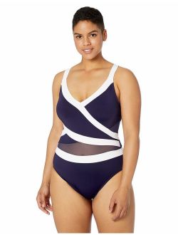 Women's Plus-Size Mesh-Insert Asymmetric Spliced One-Piece Swimsuit