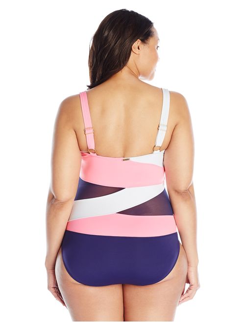 Anne Cole Women's Plus-Size Mesh-Insert Asymmetric Spliced One-Piece Swimsuit