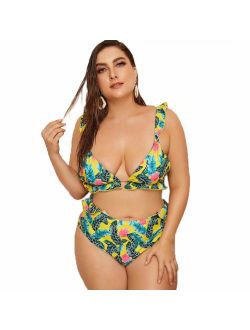 Poliphili Women's Plus Size Two Piece Snake Floral Print Bathing Suit High Waist Bikini Swimwear