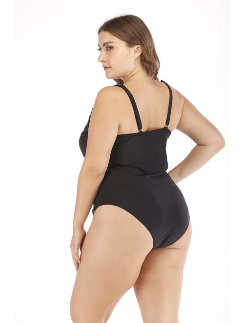Wellwits Women's Plus Size Black and White Bow Ruched One Piece Swimsuit