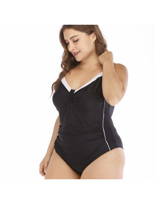 Wellwits Women's Plus Size Black and White Bow Ruched One Piece Swimsuit