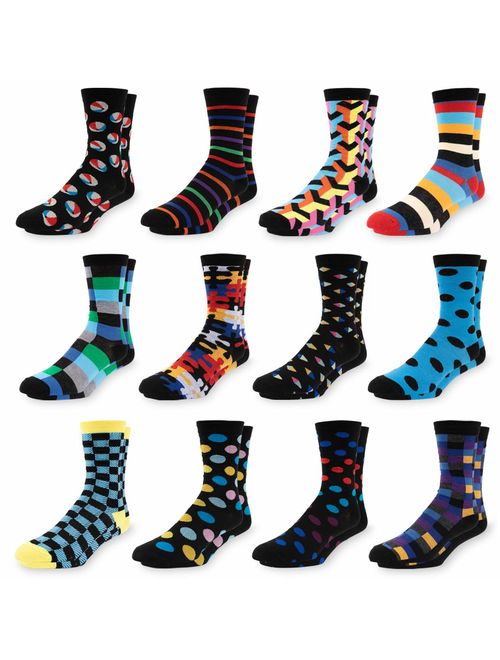 Men's Colorful Dress Socks - Fun Patterned Funky Crew Socks For Men - 12 Pack