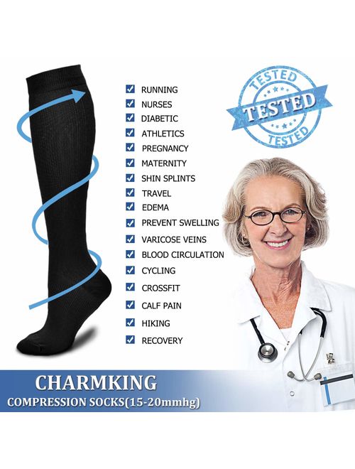 CHARMKING Compression Socks for Women & Men (3 Pairs) 15-20 mmHg is Best Athletic, Running, Flight, Travel, Nurses,Edema