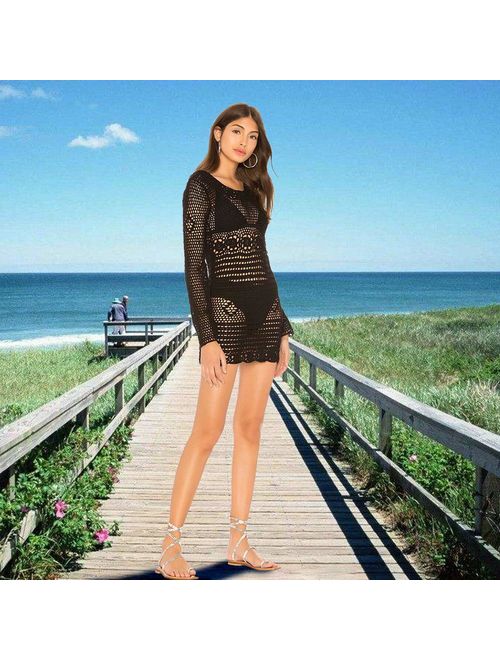 Exlura Bikini Beach Swimwear Cover up Crochet Hollow Out Bohemia Bathing Suit Swimsuit Dress