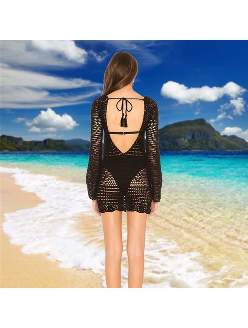 Exlura Bikini Beach Swimwear Cover up Crochet Hollow Out Bohemia Bathing Suit Swimsuit Dress