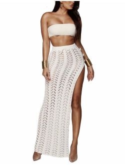 Kistore Womens Crochet Cover Up Skirts Sexy Hollow Out Beach Maxi Skirt with Side Slits
