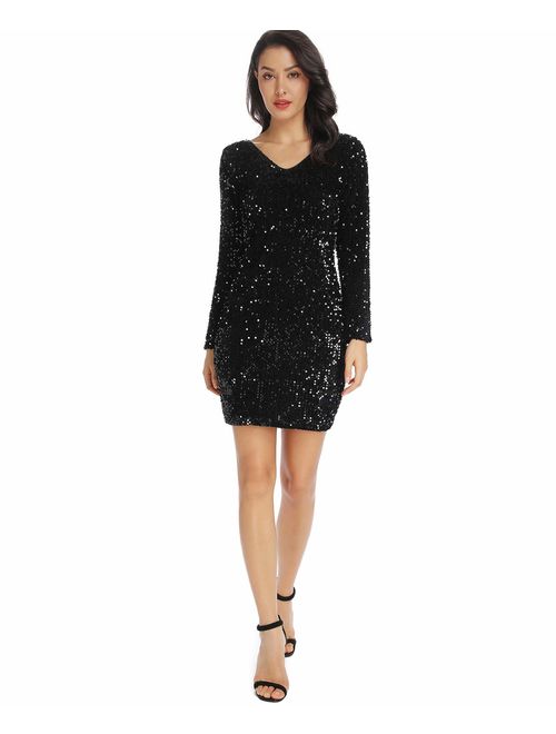 MS STYLE Women's Sparkle Glitzy Glam Sequin Long Sleeve Embellished Flapper Party Club Dress
