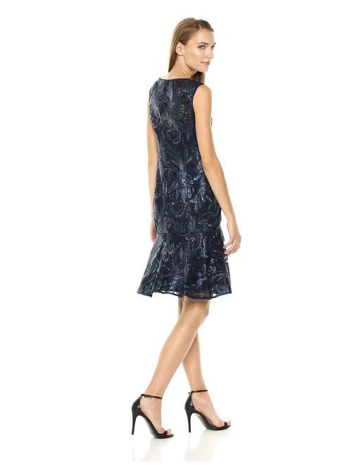 Adrianna Papell Women's Sequin Floral Lace Short Dress with Trumpet Skirt