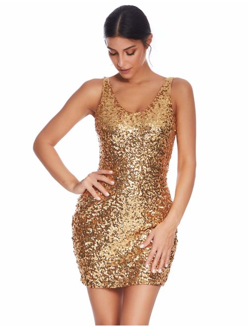 meilun Women's Sexy Deep V Neck Sequin Glitter Pencil Bodycon Cocktail Stretchy Mini Party Dress