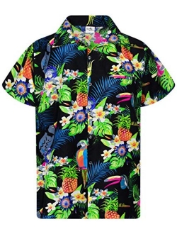 Funky Hawaiian Shirt Men Shortsleeve Frontpocket Hawaiian-Print Leaves Flowers Pineapple
