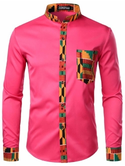 Men's Hipster African Tribal Graphic Patchwork Design Slim Fit Long Sleeve Button up Mandarin Collar Shirts