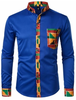 Men's Hipster African Tribal Graphic Patchwork Design Slim Fit Long Sleeve Button up Mandarin Collar Shirts