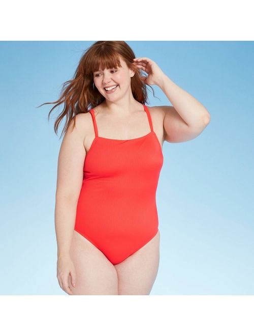 Women's Ribbed Square Neck Medium Coverage One Piece Swimsuit - Kona SolRed