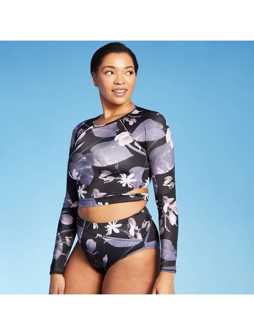Women's Long Sleeve Tie Back Cropped Rashguard - All in Motion Black Floral