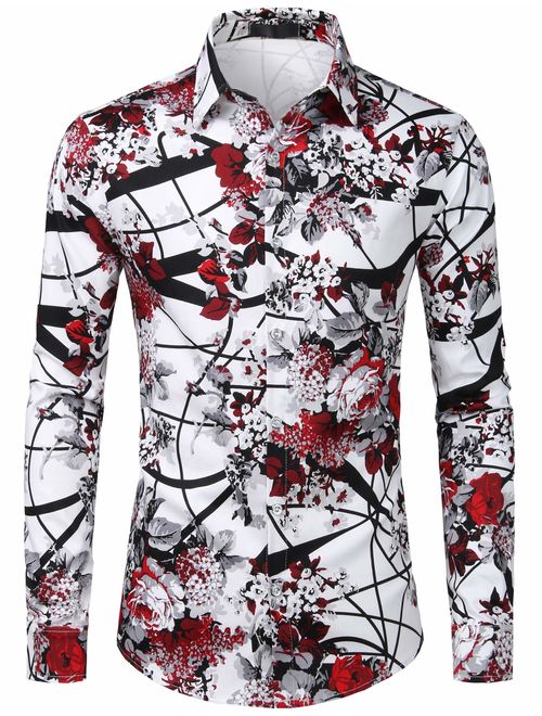 ZEROYAA Men's Floral Embroidery Slim Fit Long Sleeve Band Collar Dress Shirts 