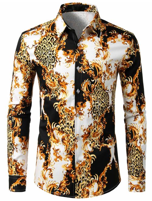 ZEROYAA Men's Floral Embroidery Slim Fit Long Sleeve Band Collar Dress Shirts 