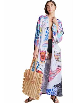 Womens Cotton Floral Print Swimsuit Cover up Kimono Cardigan