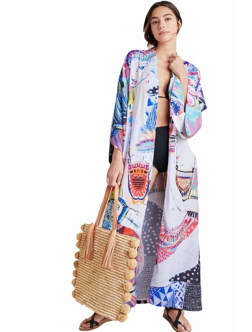 Womens Cotton Floral Print Swimsuit Cover up Kimono Cardigan