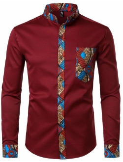 Men's Hipster Patchwork Design Slim Fit Long Sleeve Button up Mandarin Collar Shirts