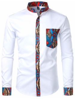 Men's Hipster Patchwork Design Slim Fit Long Sleeve Button up Mandarin Collar Shirts