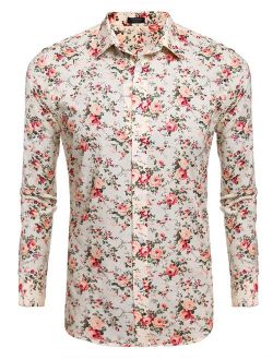 Men's Floral Print Slim Fit Long Sleeve Casual Button Down Shirt