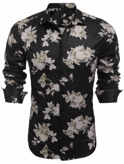 Men's Floral Print Slim Fit Long Sleeve Casual Button Down Shirt