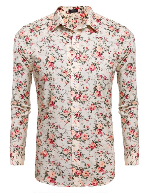 COOFANDY Men's Floral Print Slim Fit Long Sleeve Casual Button Down Shirt