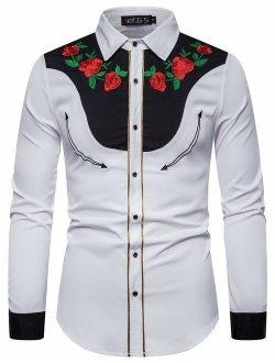 ief.G.S Men's Long Sleeve Button-Down Shirt Slim Fit Dress Shirts with Floral Embroidery