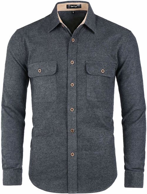 TATT 21 Men Two Pockets Button Down Shirt Contrast Brushed Long Sleeve Cotton Casual Overshirt