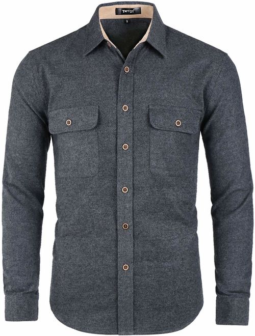 TATT 21 Men Two Pockets Button Down Shirt Contrast Brushed Long Sleeve Cotton Casual Overshirt